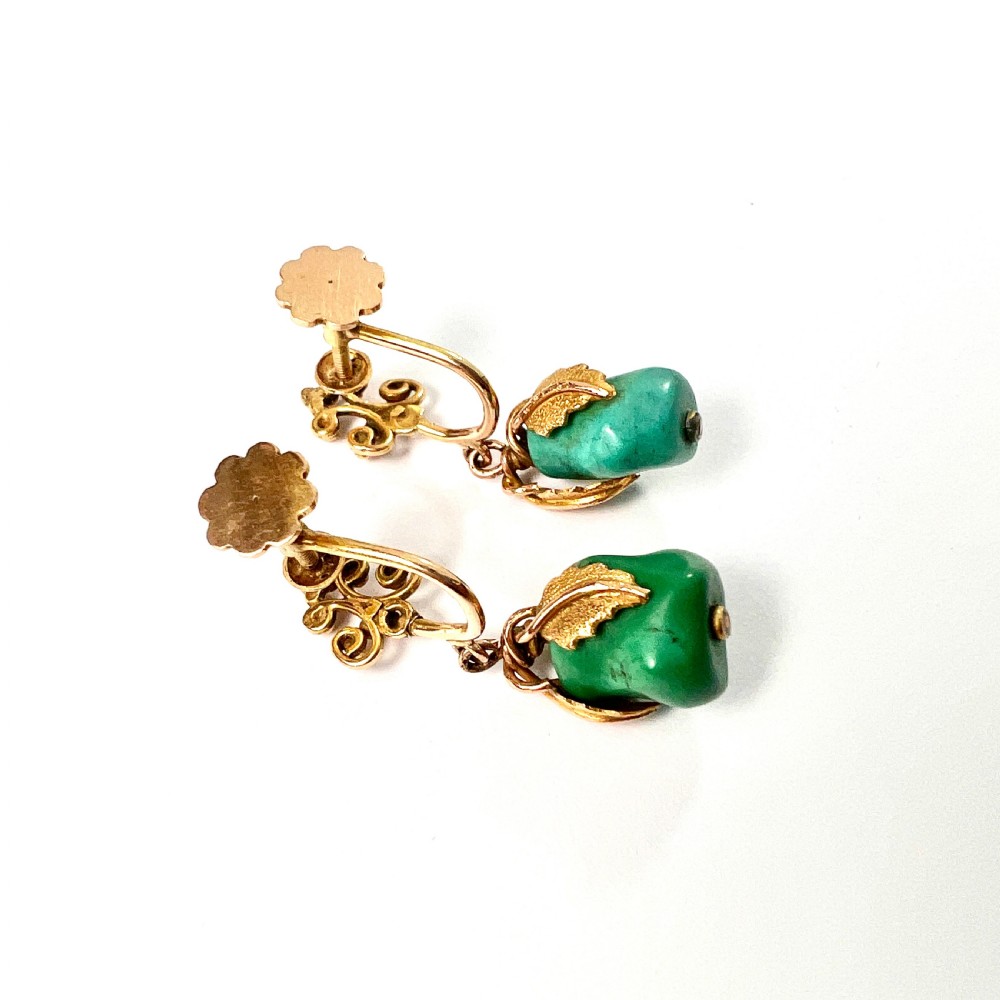 • Victorian 12CT Gold Turquoise Nugget Screwback Earrings View V