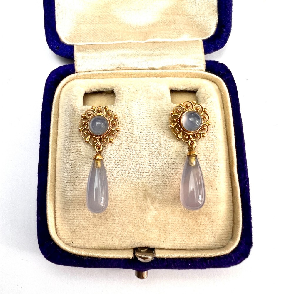 Victorian Chalcedony Drop 9CT Gold Cannetille Earrings