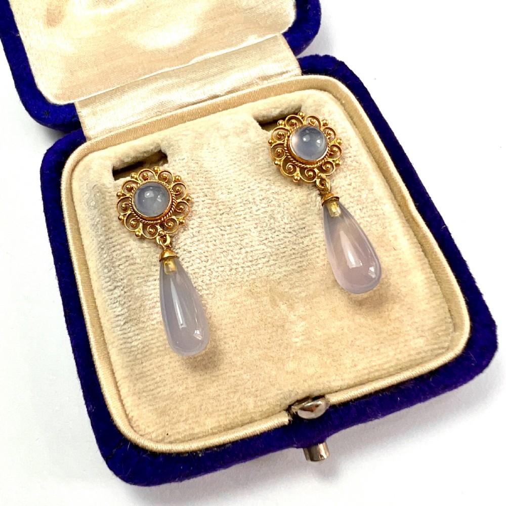Victorian Chalcedony Drop 9CT Gold Cannetille Earrings View II