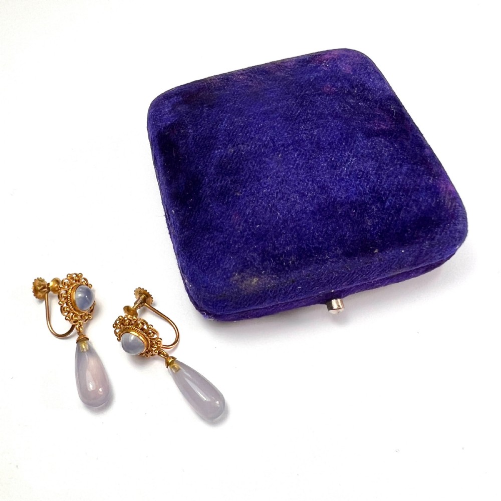 Victorian Chalcedony Drop 9CT Gold Cannetille Earrings View III