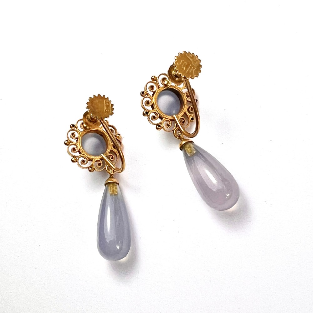 Victorian Chalcedony Drop 9CT Gold Cannetille Earrings View V