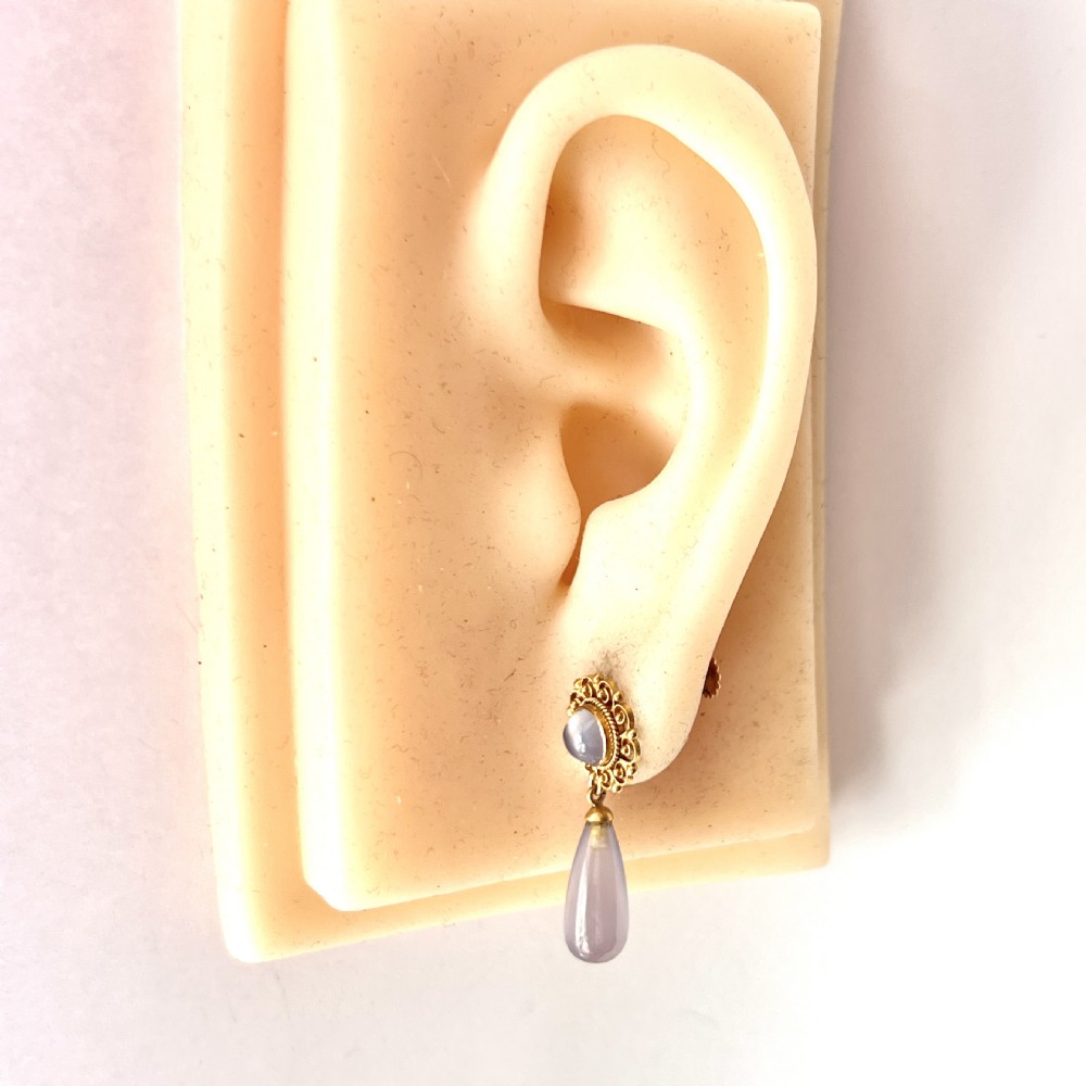 Victorian Chalcedony Drop 9CT Gold Cannetille Earrings View VI