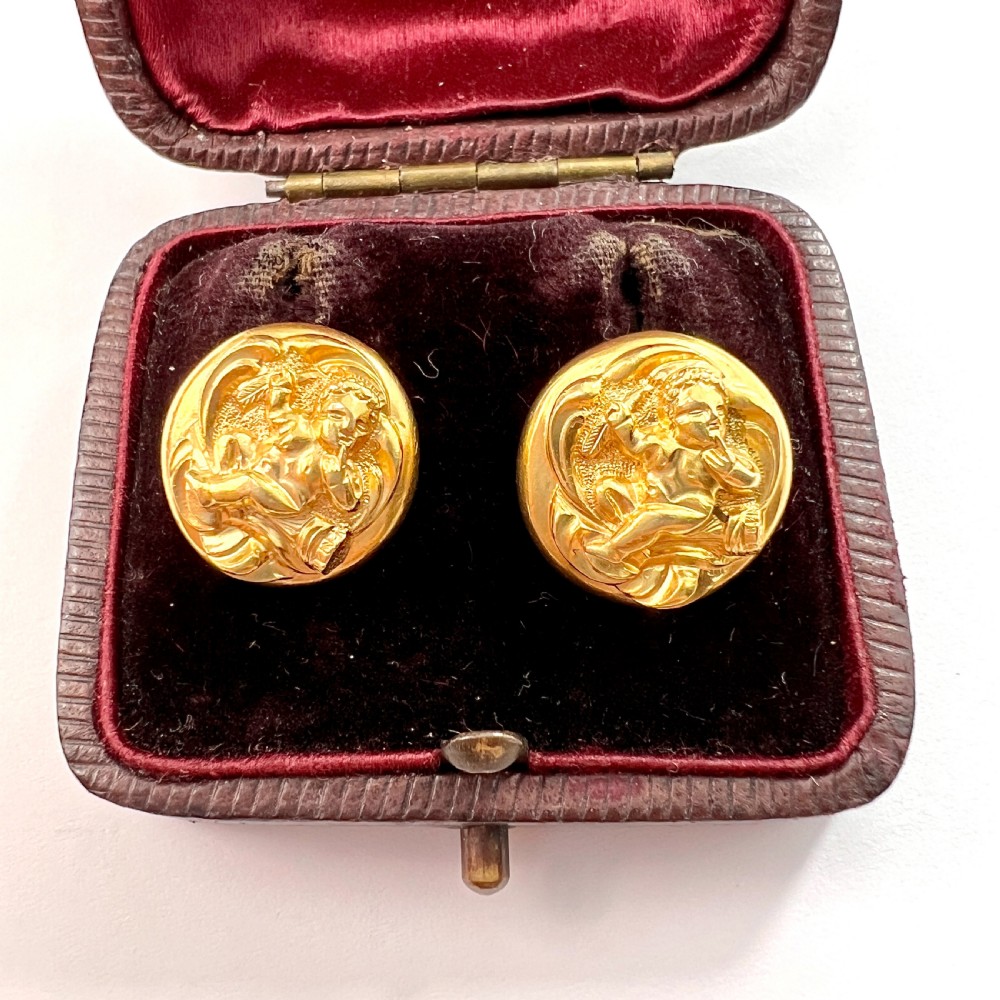 • Victorian 15CT Gold Cherub Button Earrings
