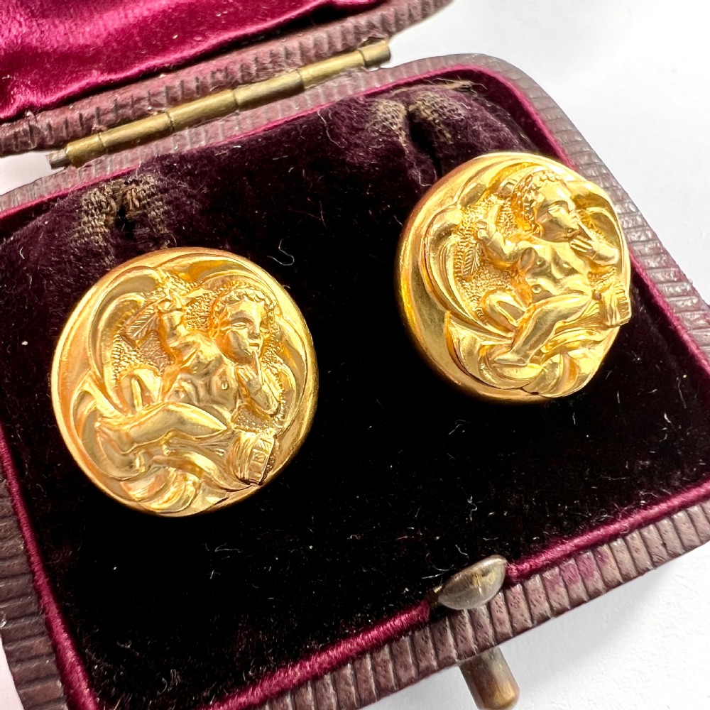 • Victorian 15CT Gold Cherub Button Earrings View III