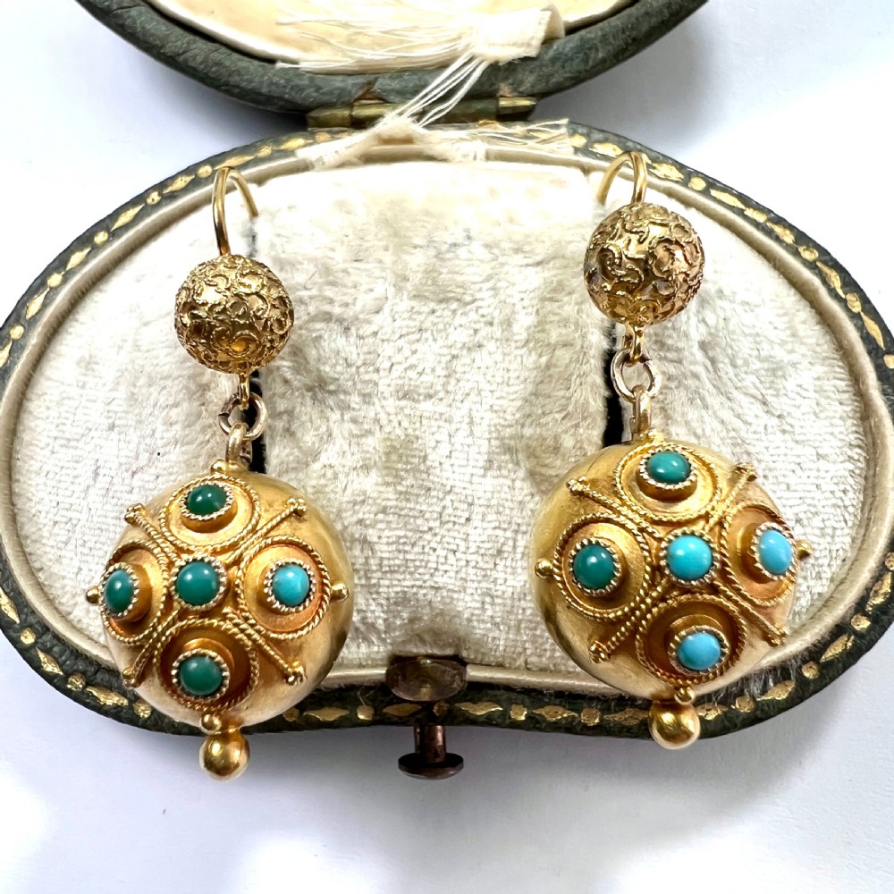 RESERVED for DR to 1 AUG • Victorian High Carat Gold Turquoise Orb Earrings