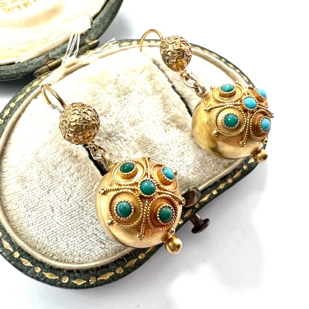 RESERVED for DR to 1 AUG • Victorian High Carat Gold Turquoise Orb Earrings View II