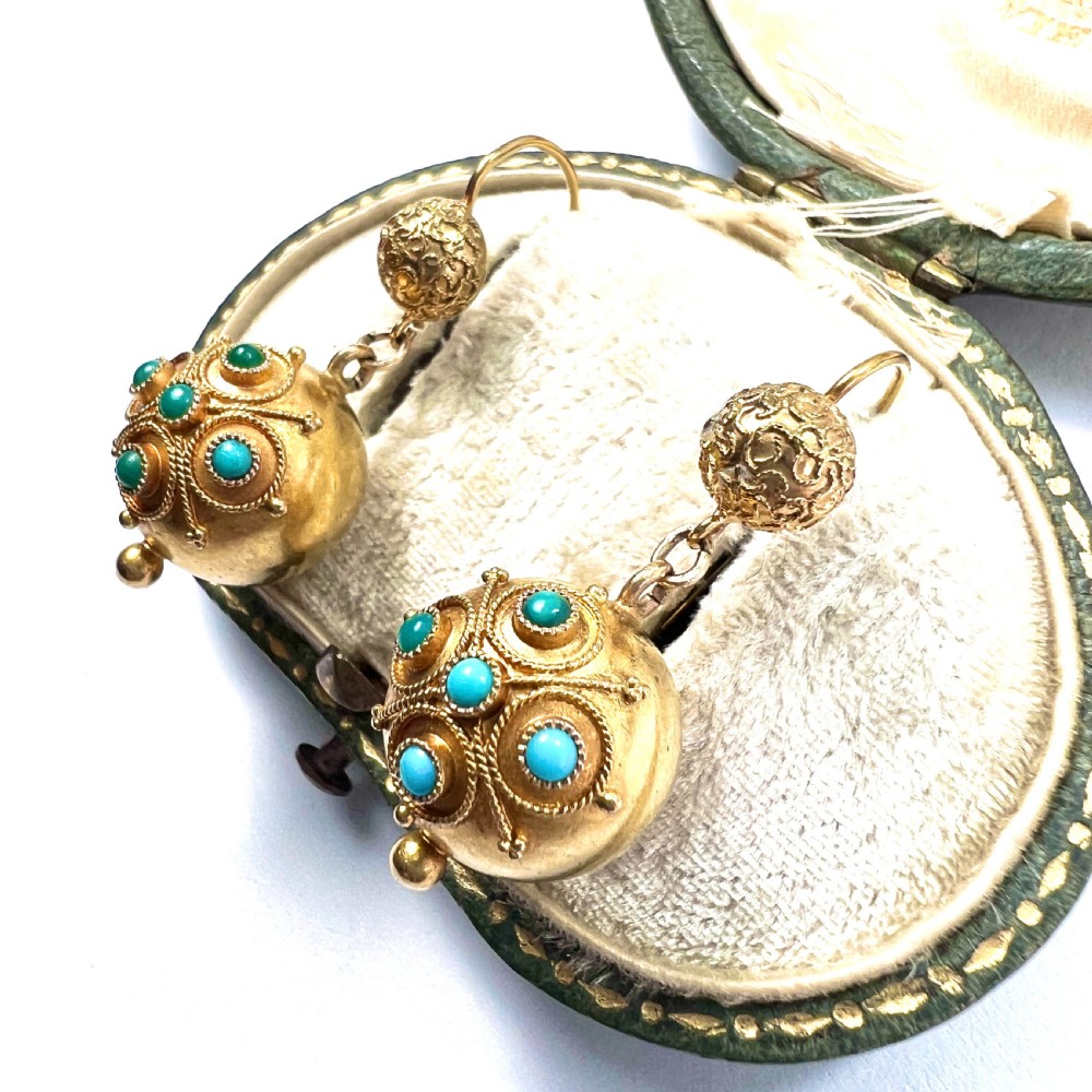 RESERVED for DR to 1 AUG • Victorian High Carat Gold Turquoise Orb Earrings View III