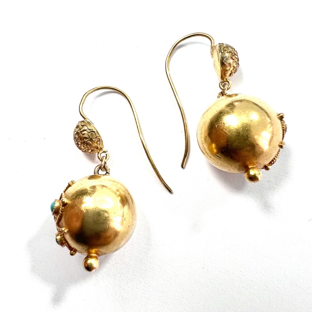 RESERVED for DR to 1 AUG • Victorian High Carat Gold Turquoise Orb Earrings View IV