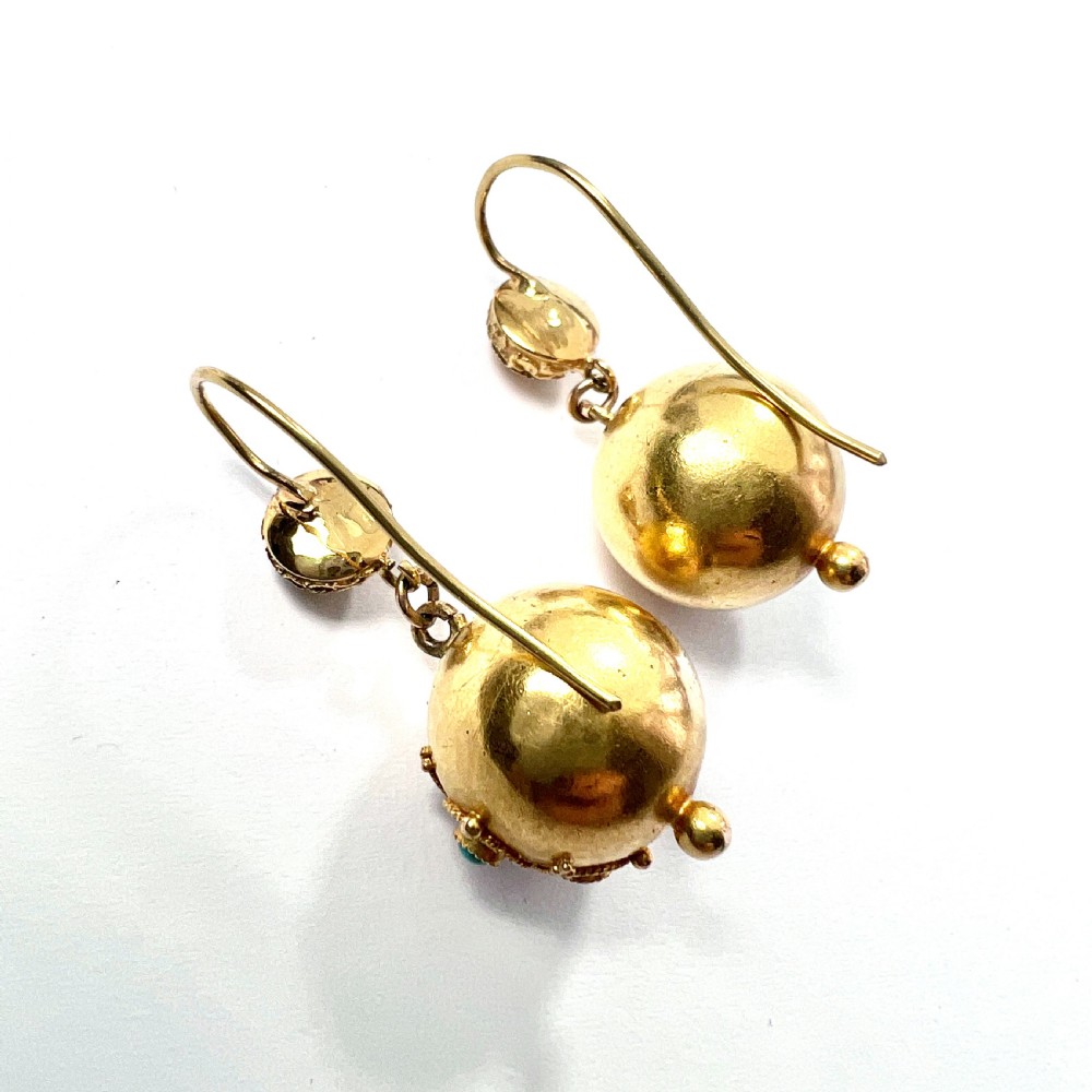 RESERVED for DR to 1 AUG • Victorian High Carat Gold Turquoise Orb Earrings View V