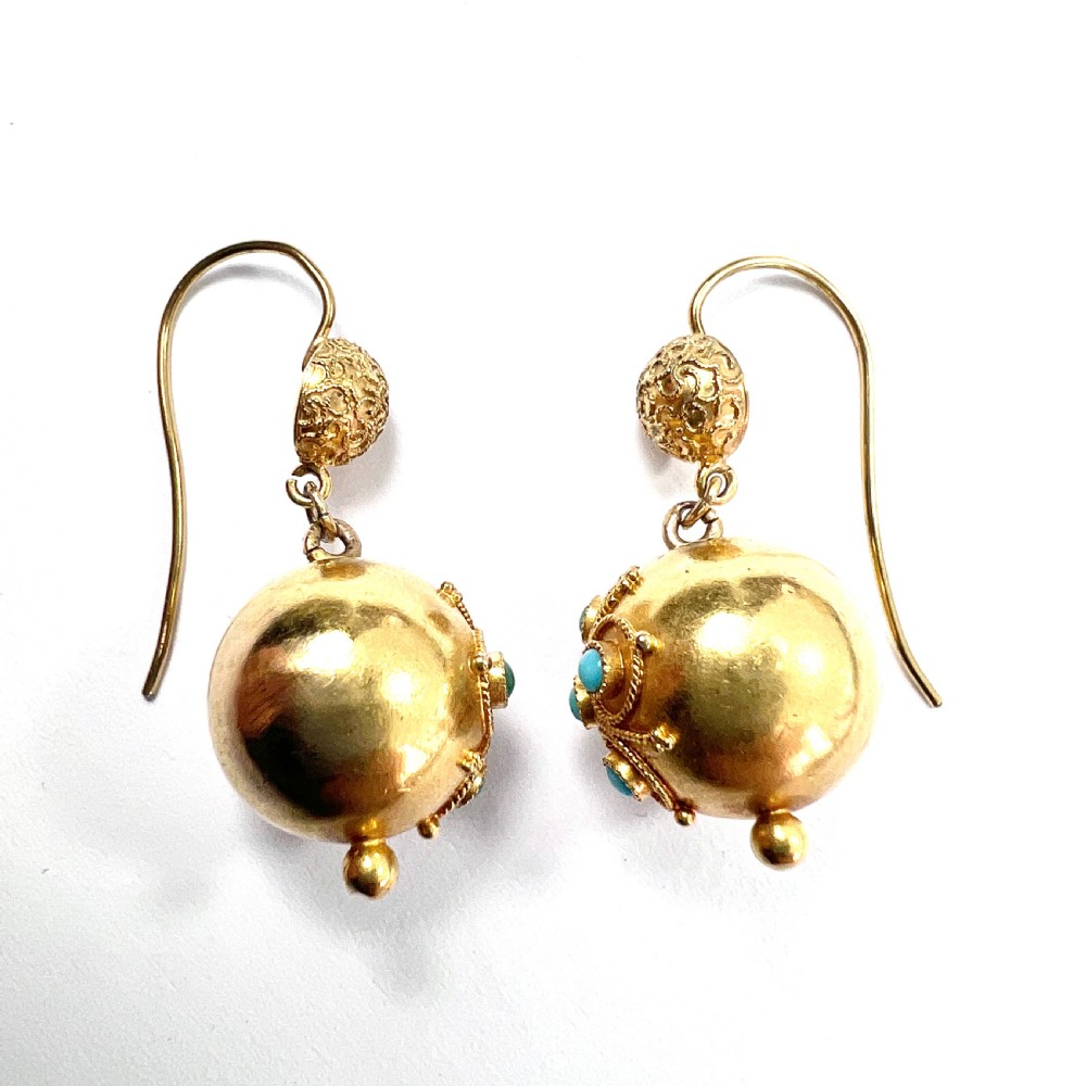 RESERVED for DR to 1 AUG • Victorian High Carat Gold Turquoise Orb Earrings View VI