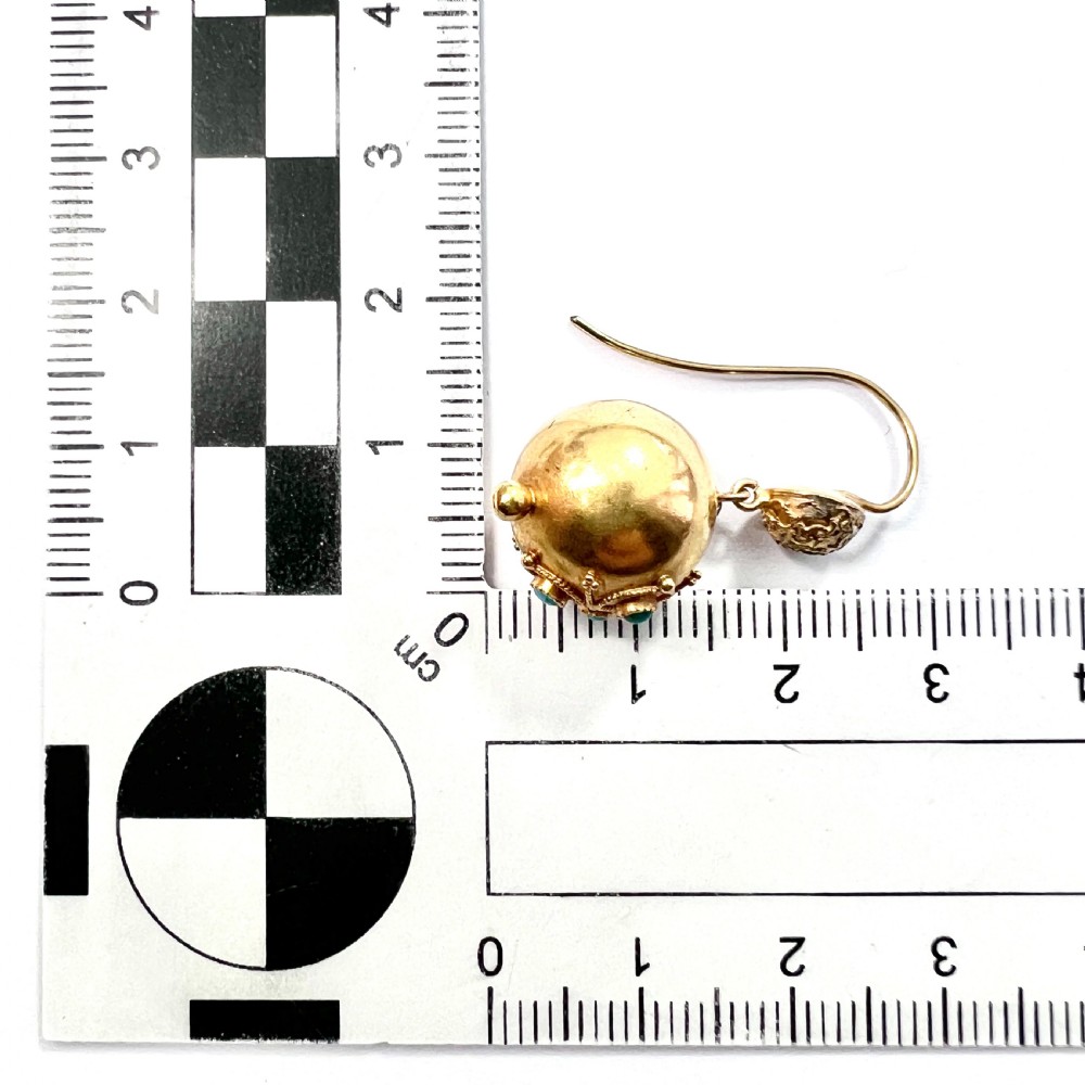 RESERVED for DR to 1 AUG • Victorian High Carat Gold Turquoise Orb Earrings View VII