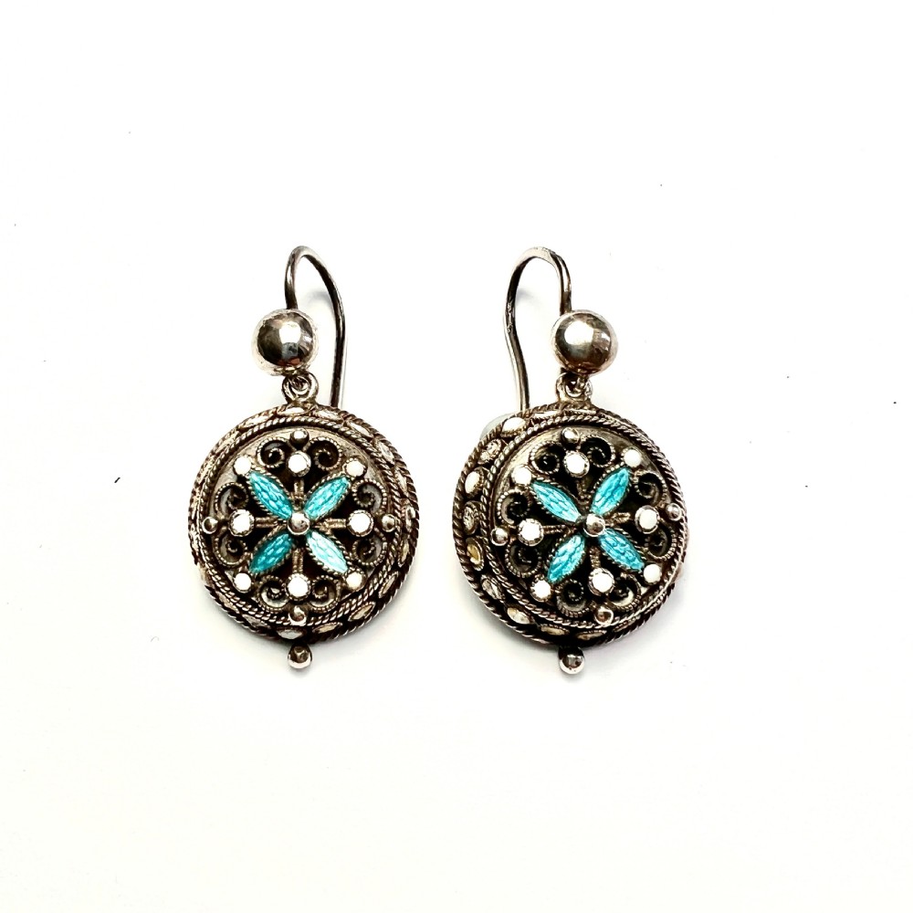 Art Nouveau Silver Filigree Turquoise Enamel Earrings