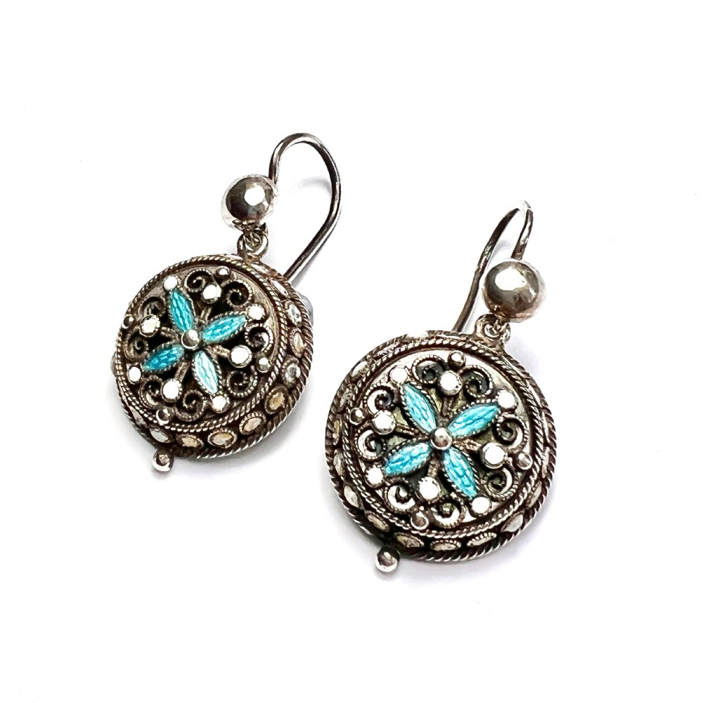 Art Nouveau Silver Filigree Turquoise Enamel Earrings View II