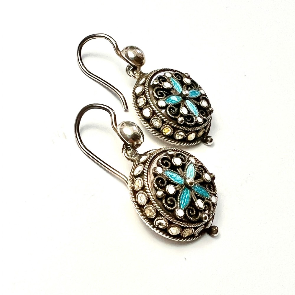 Art Nouveau Silver Filigree Turquoise Enamel Earrings View III
