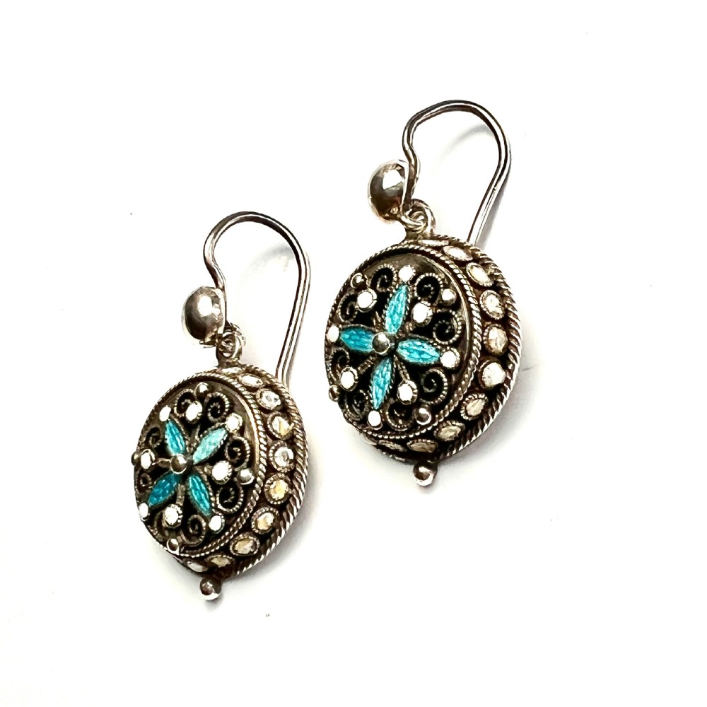 Art Nouveau Silver Filigree Turquoise Enamel Earrings View IV