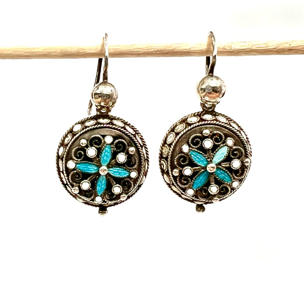 Art Nouveau Silver Filigree Turquoise Enamel Earrings View V