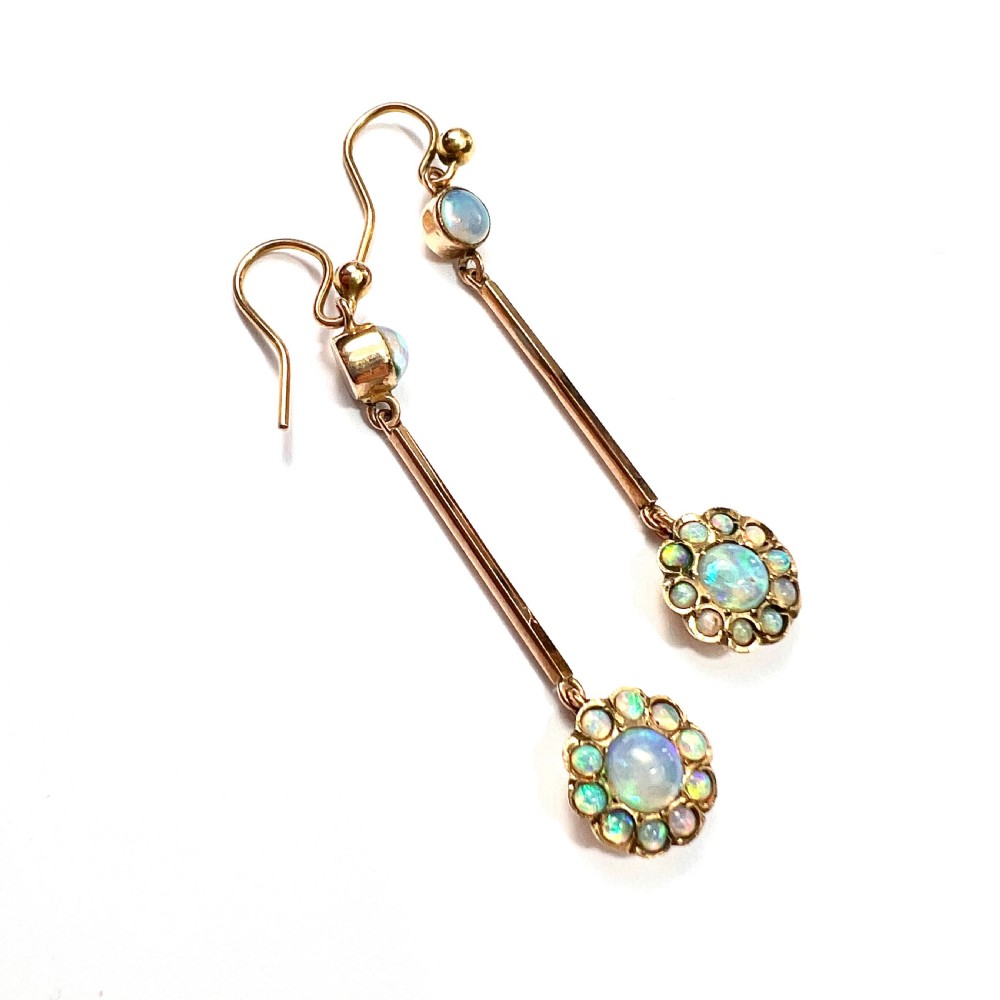9CT Gold Edwardian Opal Cluster Long Drop Earrings