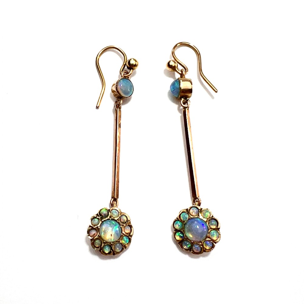 9CT Gold Edwardian Opal Cluster Long Drop Earrings View III