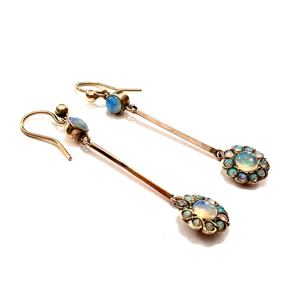 9CT Gold Edwardian Opal Cluster Long Drop Earrings View IV