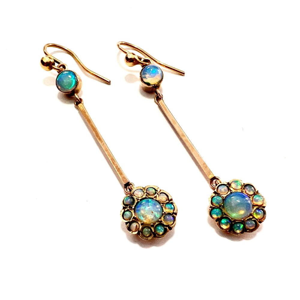 9CT Gold Edwardian Opal Cluster Long Drop Earrings View V