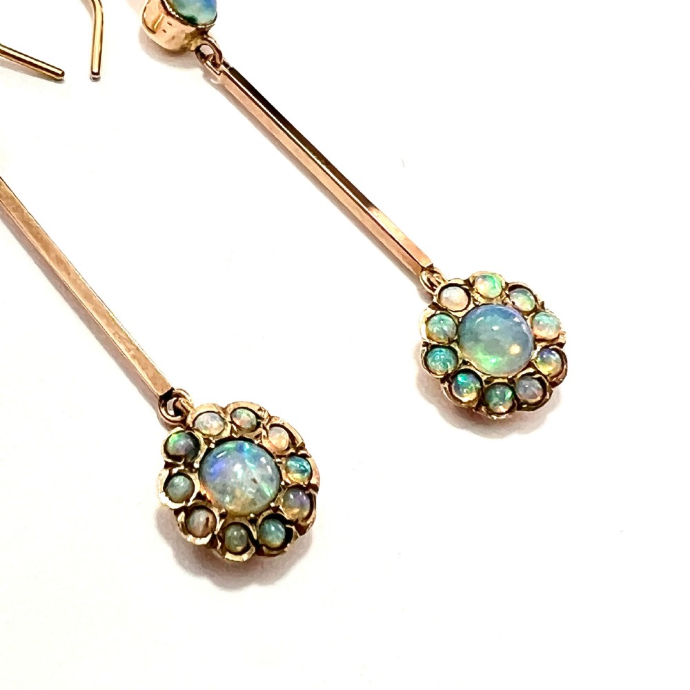 9CT Gold Edwardian Opal Cluster Long Drop Earrings View VII