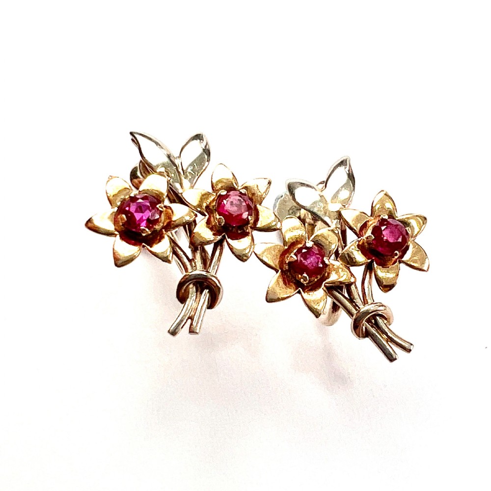 • Vintage 9CT Gold Ruby Flower Earrings by Cropp & Farr View III