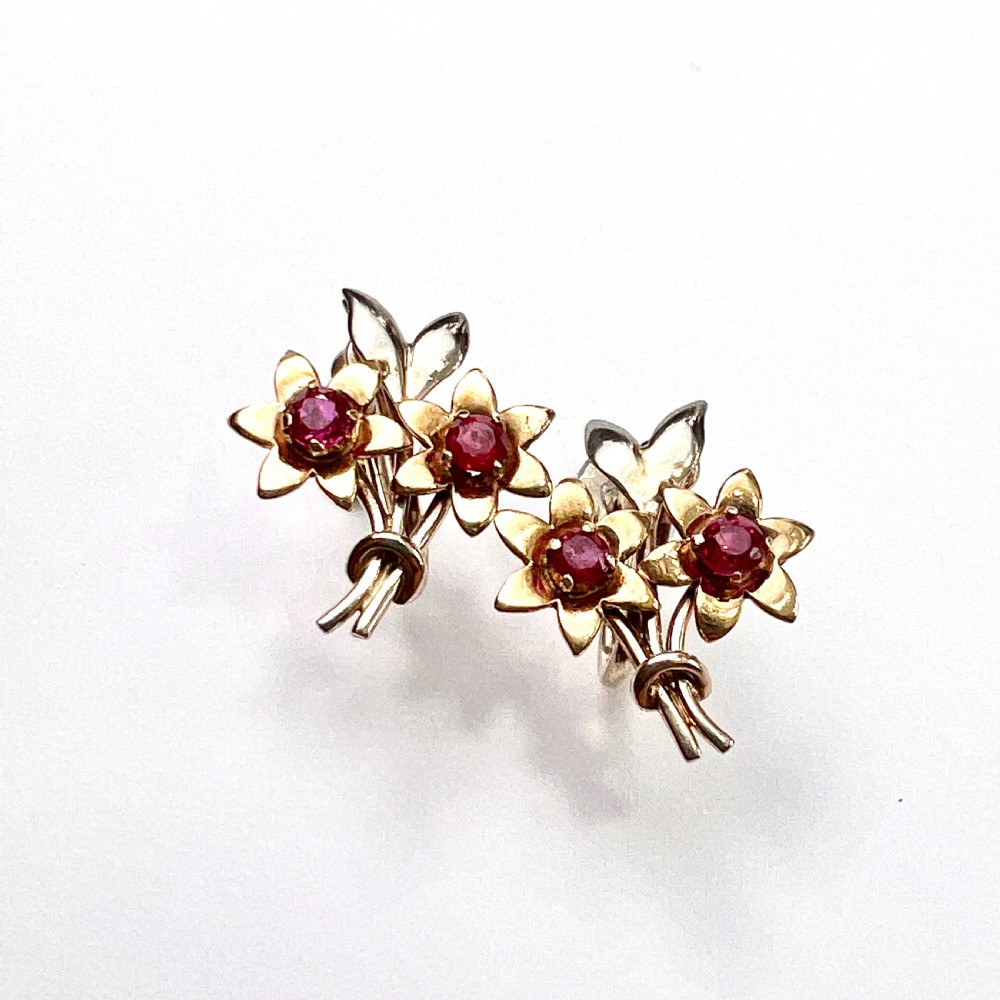 • Vintage 9CT Gold Ruby Flower Earrings by Cropp & Farr View IV