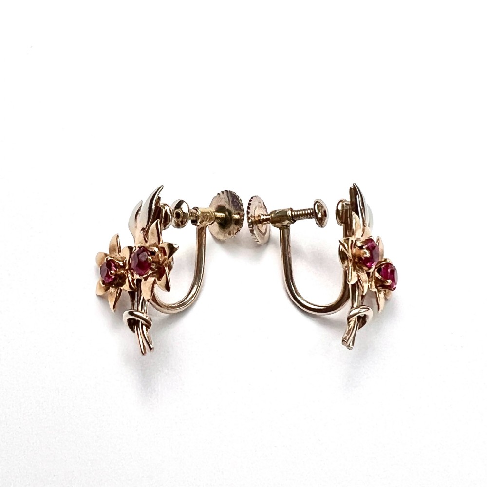 • Vintage 9CT Gold Ruby Flower Earrings by Cropp & Farr View V
