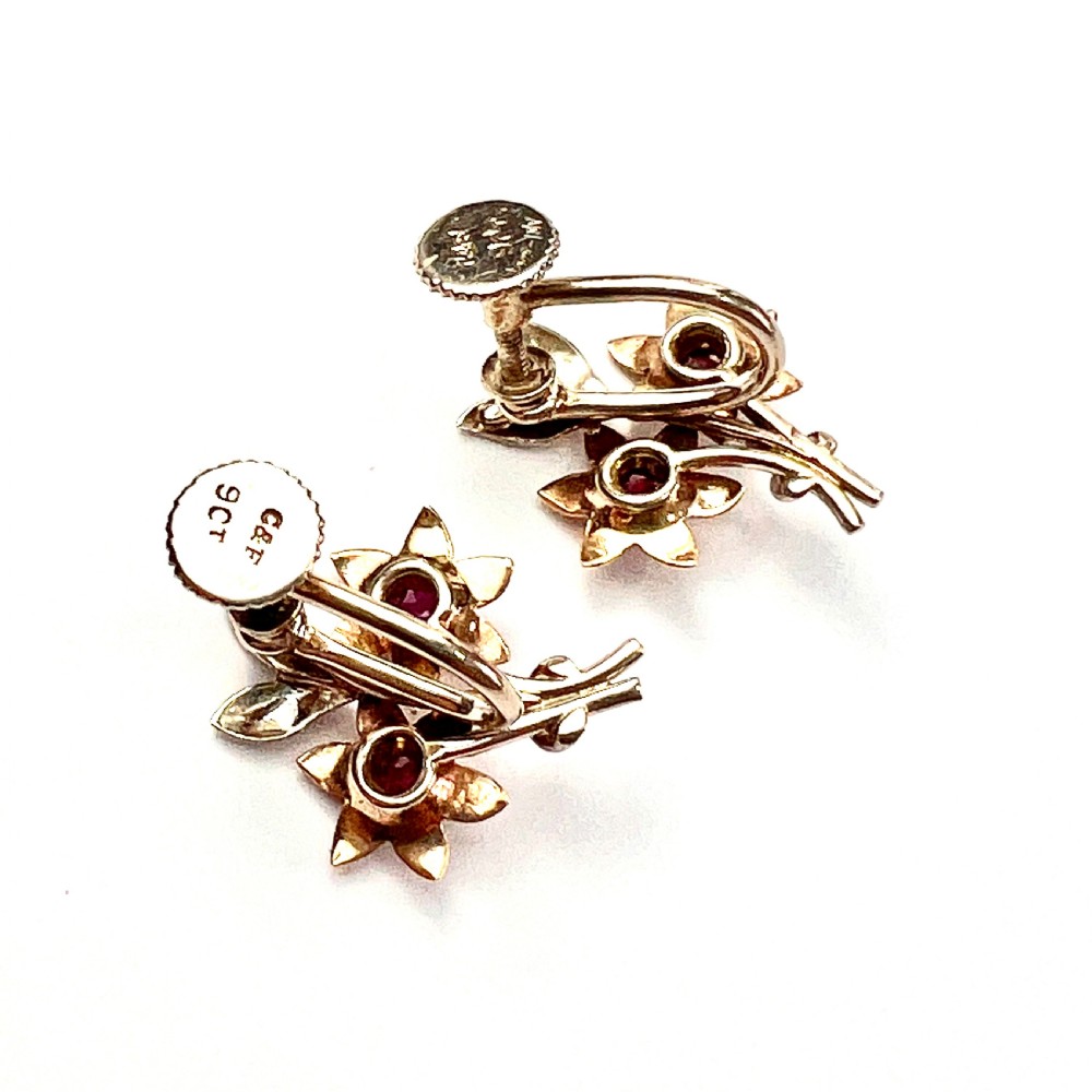 • Vintage 9CT Gold Ruby Flower Earrings by Cropp & Farr View VIII