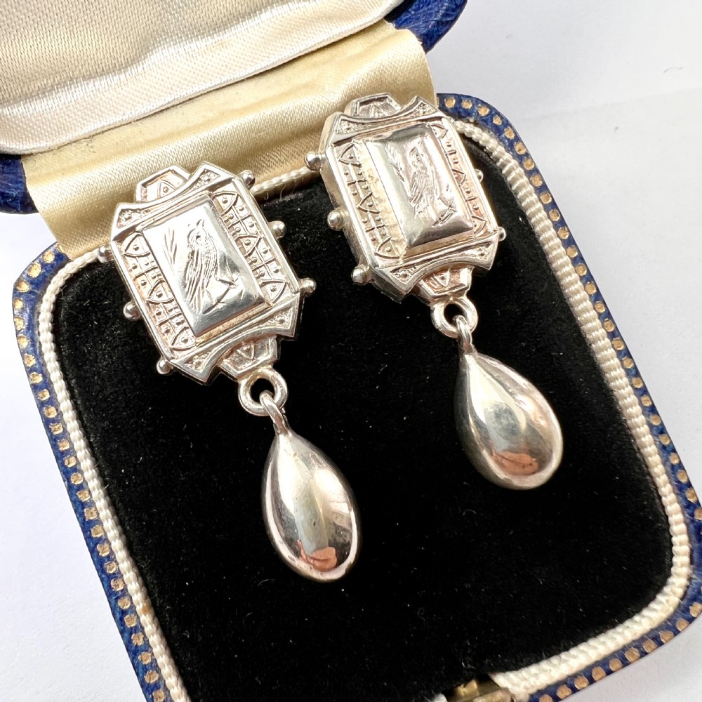Rare Victorian Aesthetic Period Silver Bird Earrings with Teardrops View II