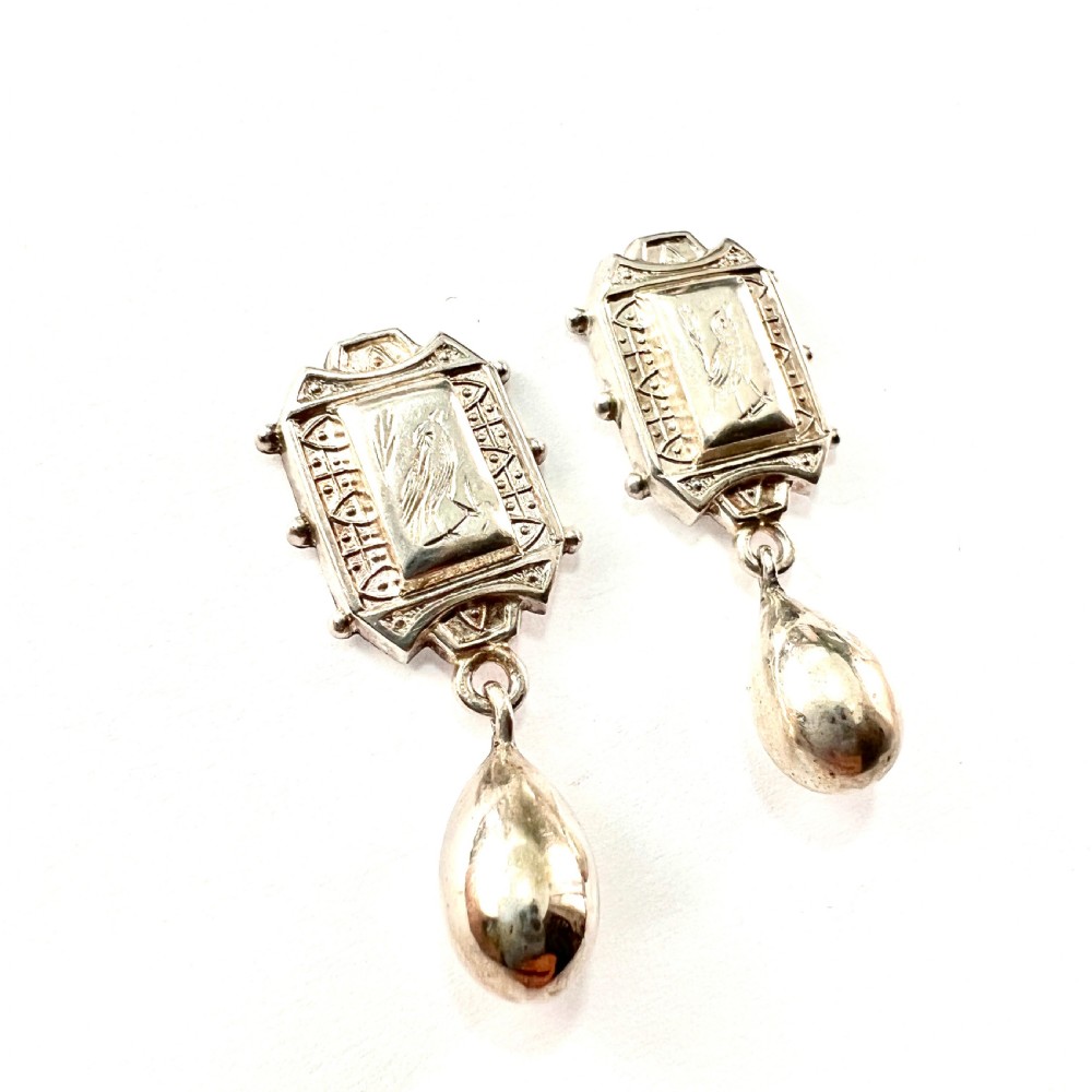 Rare Victorian Aesthetic Period Silver Bird Earrings with Teardrops View III