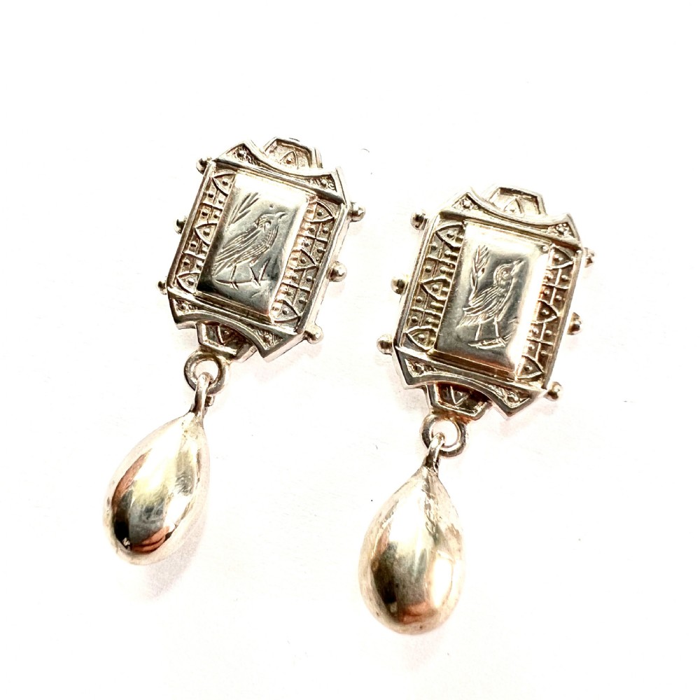 Rare Victorian Aesthetic Period Silver Bird Earrings with Teardrops View IV