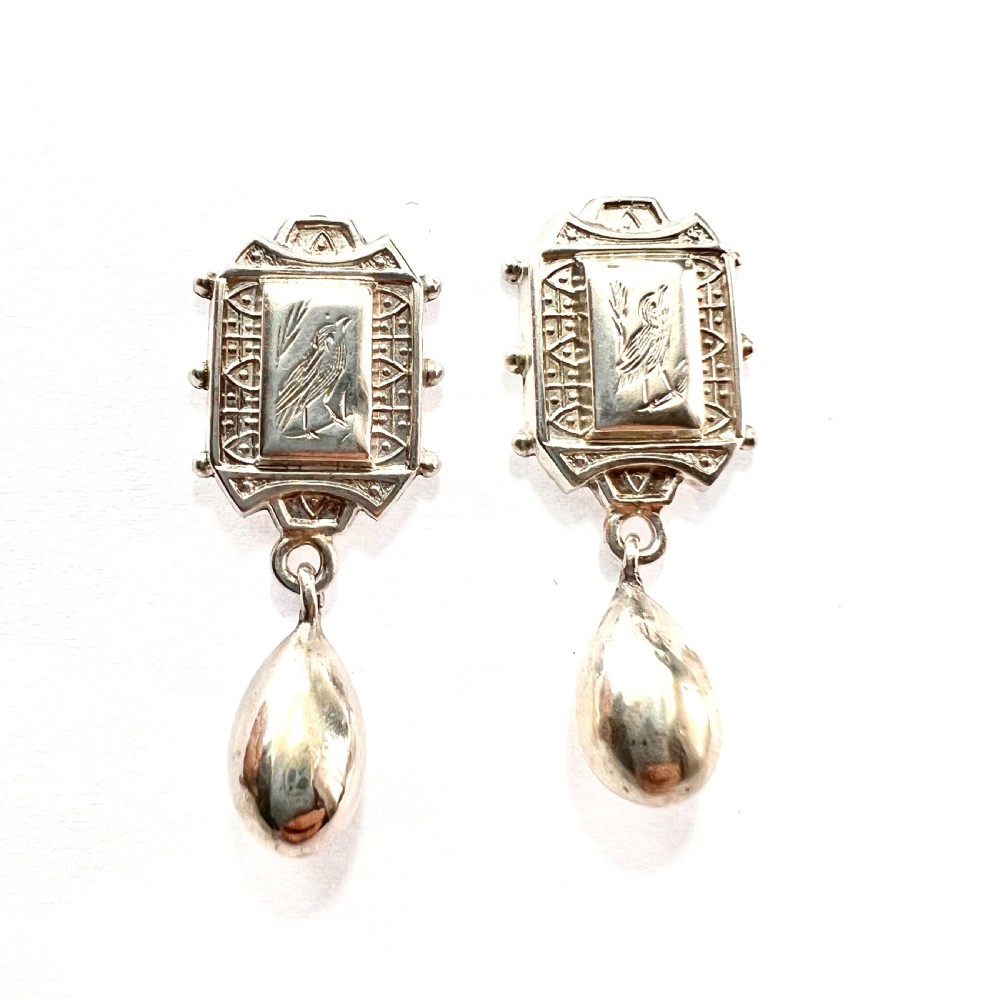Rare Victorian Aesthetic Period Silver Bird Earrings with Teardrops View V