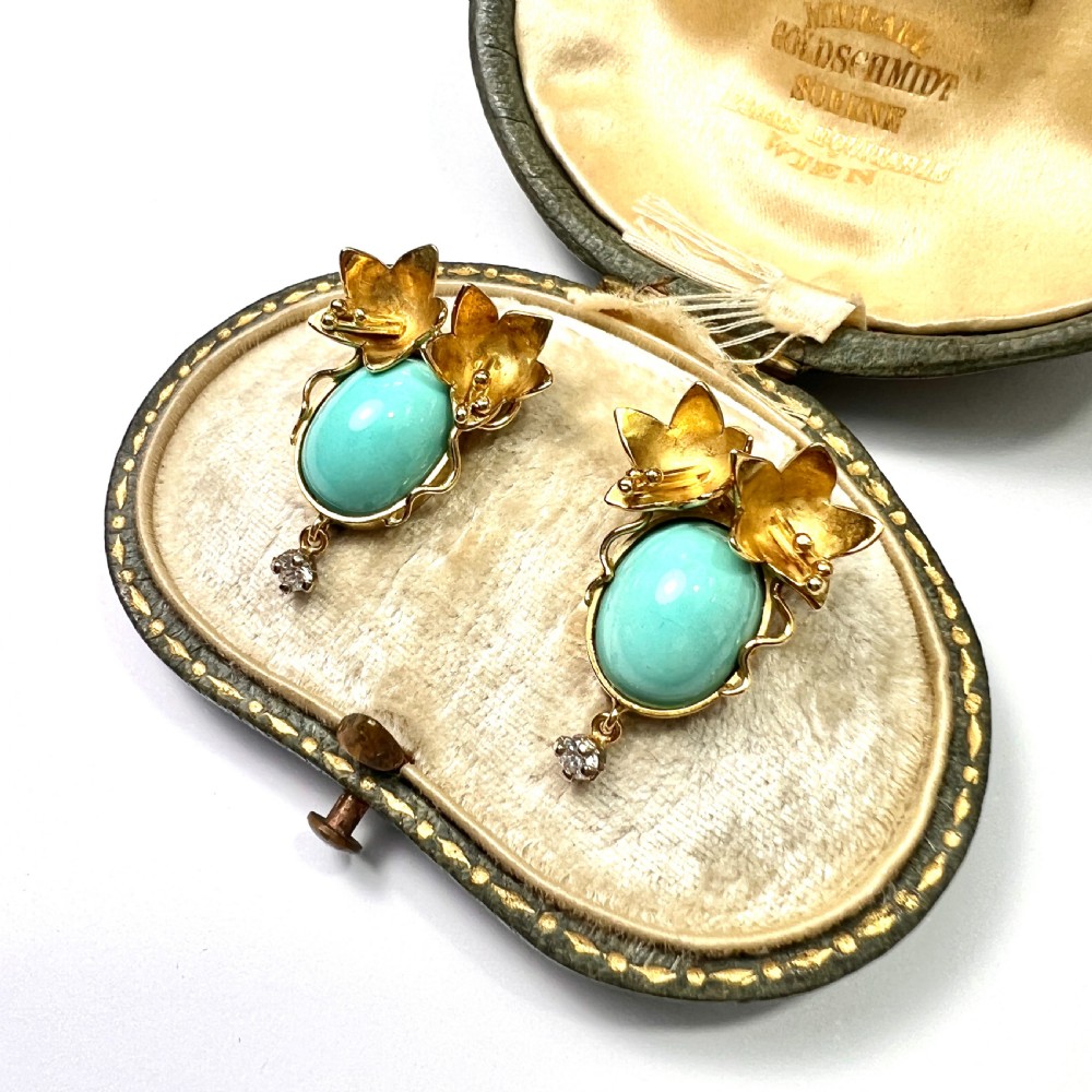 18CT Gold and Diamond Art Nouveau Style Flower Earrings View II