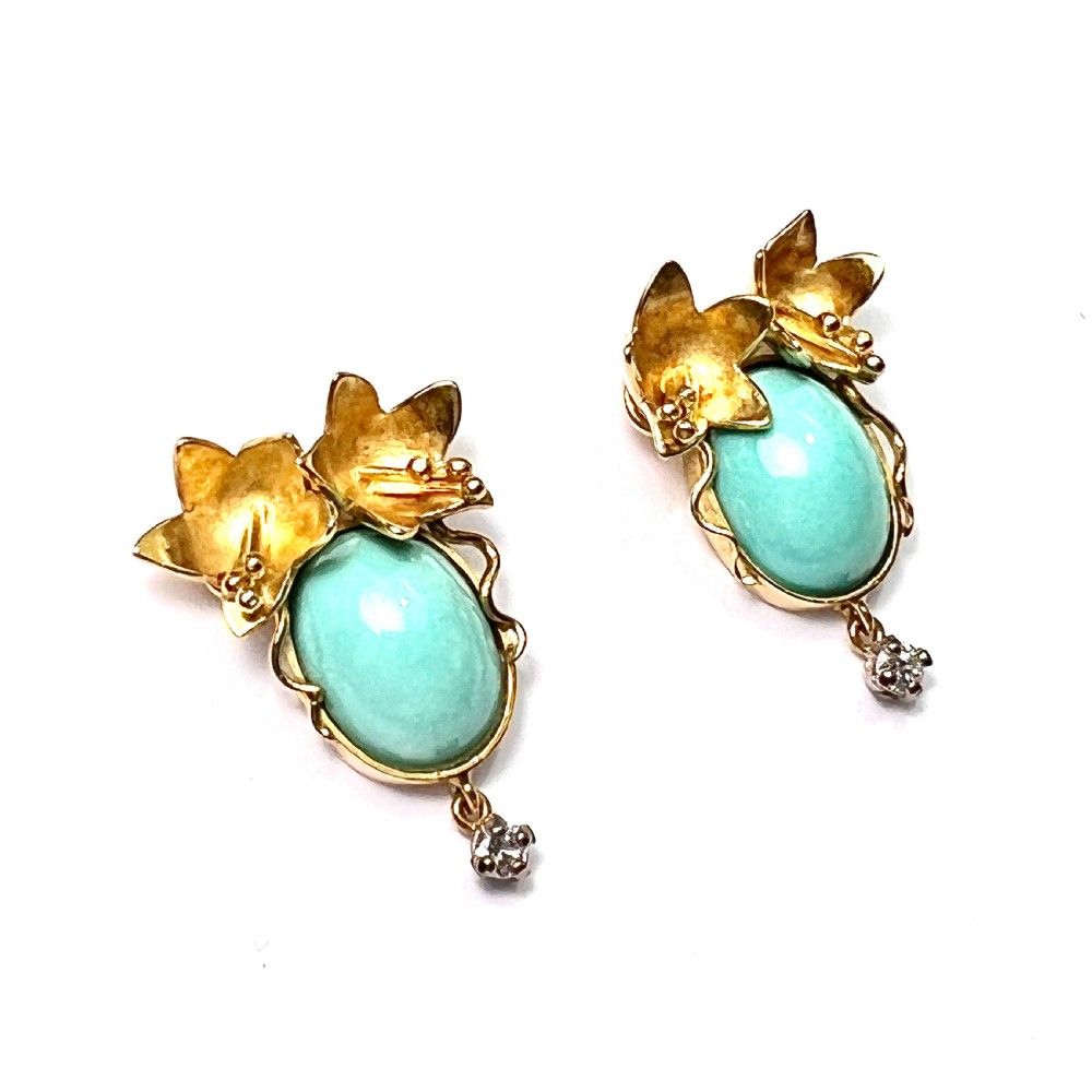18CT Gold and Diamond Art Nouveau Style Flower Earrings View III