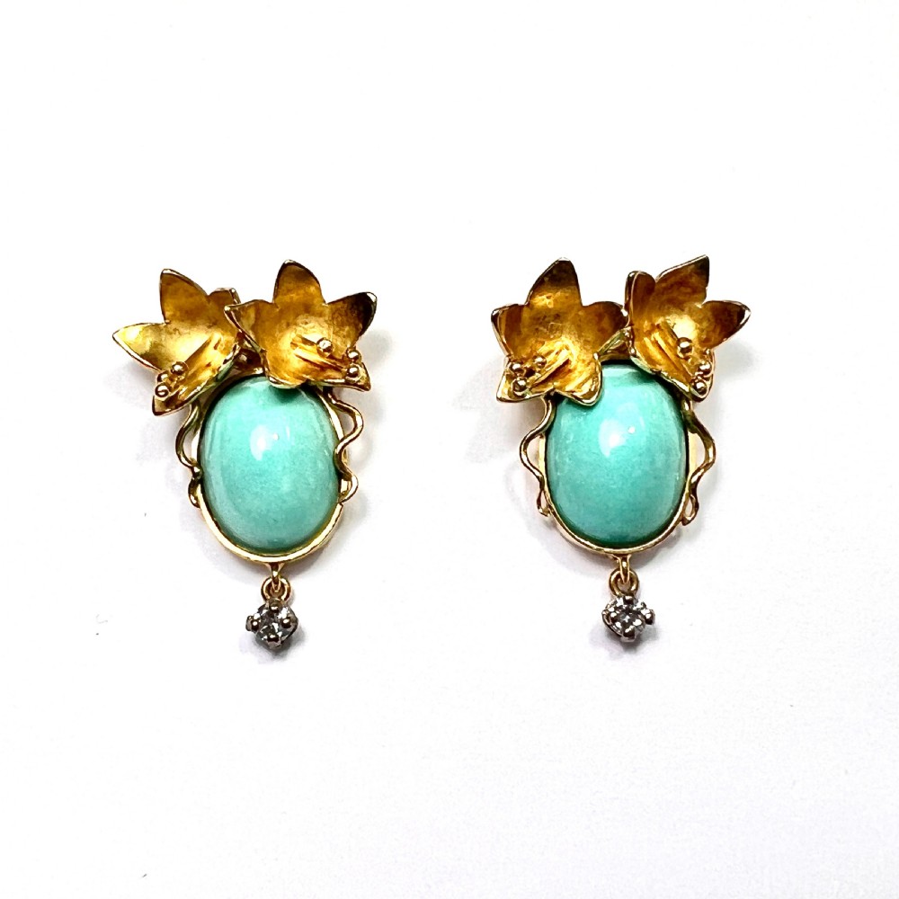 18CT Gold and Diamond Art Nouveau Style Flower Earrings View IV