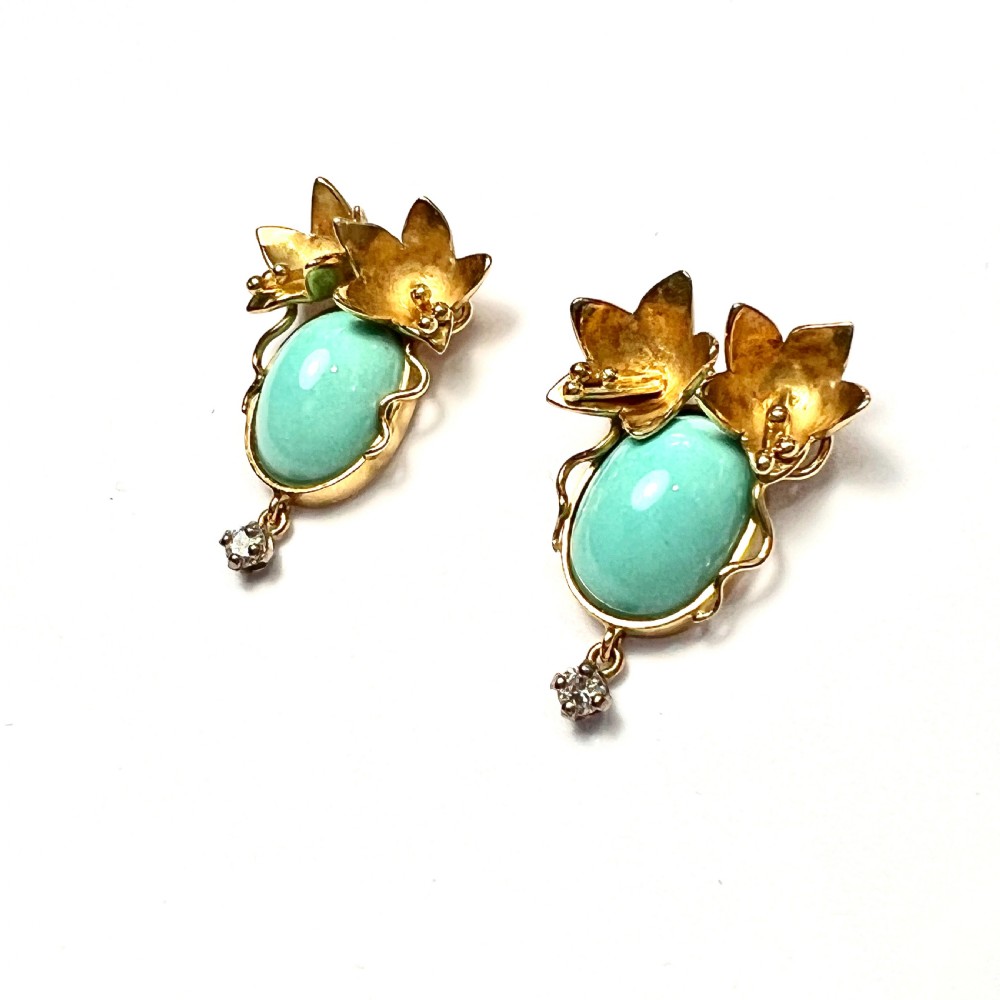 18CT Gold and Diamond Art Nouveau Style Flower Earrings View V