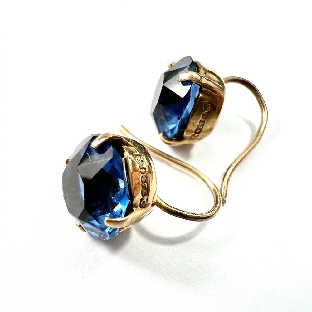 Vintage 9CT Gold Paste Sapphire Dormeuse Earrings