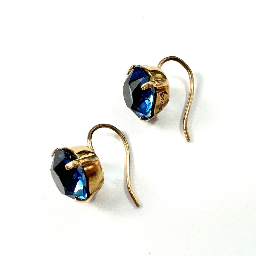 Vintage 9CT Gold Paste Sapphire Dormeuse Earrings View II