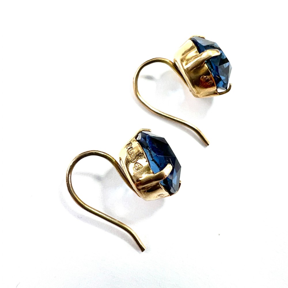 Vintage 9CT Gold Paste Sapphire Dormeuse Earrings View III
