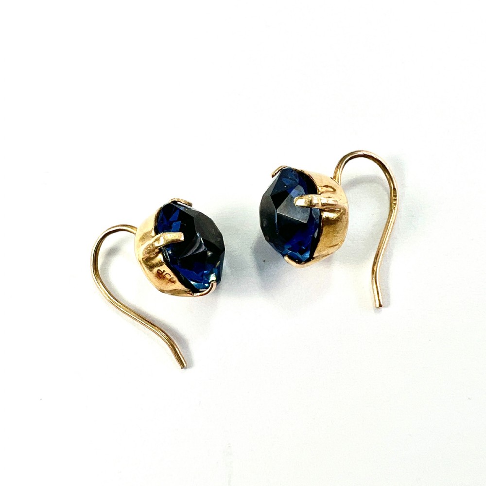 Vintage 9CT Gold Paste Sapphire Dormeuse Earrings View IV