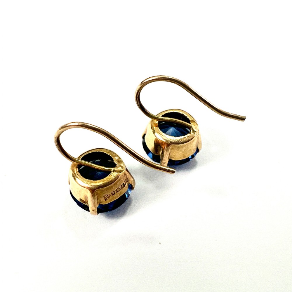 Vintage 9CT Gold Paste Sapphire Dormeuse Earrings View V