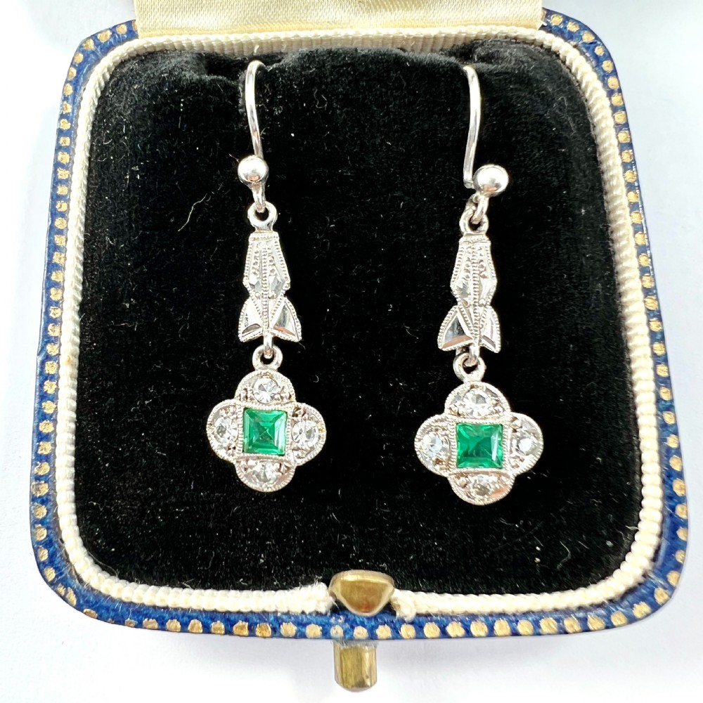 RESERVED • Art Deco 9CT White Gold Emerald Paste Earrings