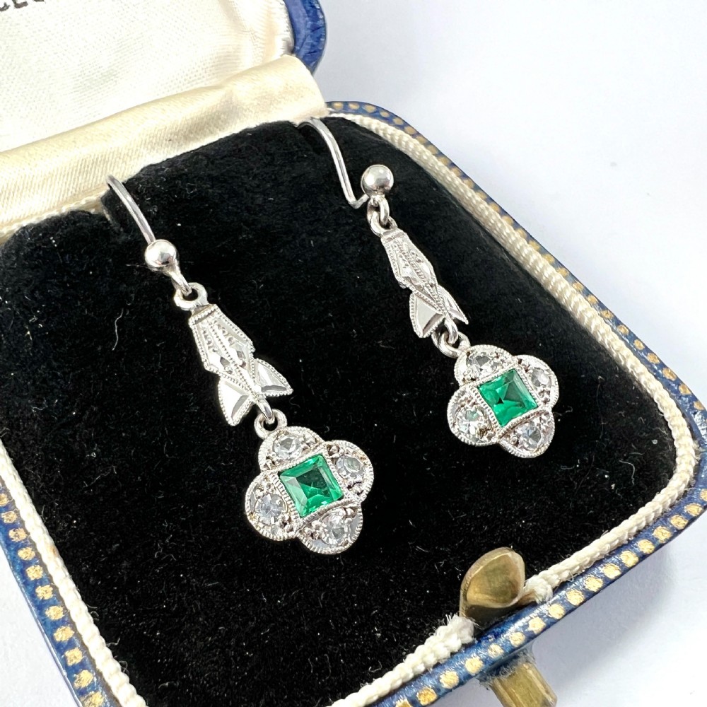RESERVED • Art Deco 9CT White Gold Emerald Paste Earrings View II