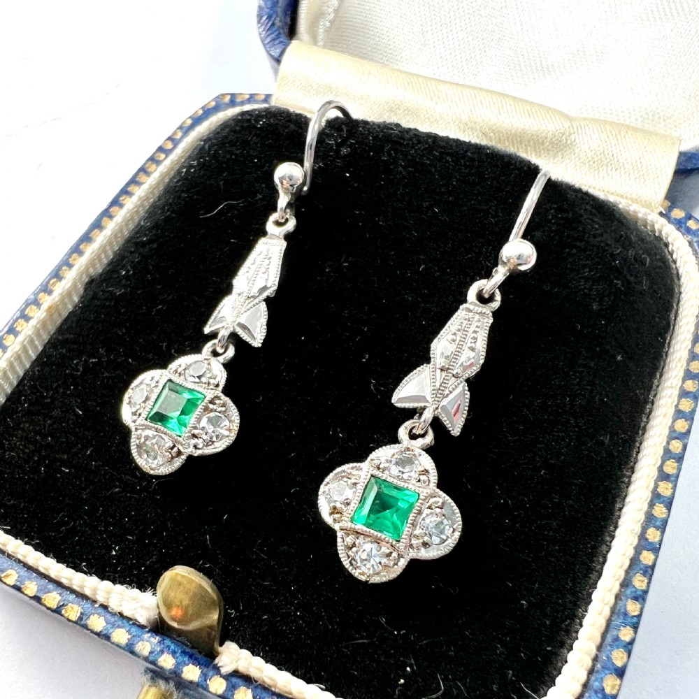 RESERVED • Art Deco 9CT White Gold Emerald Paste Earrings View III