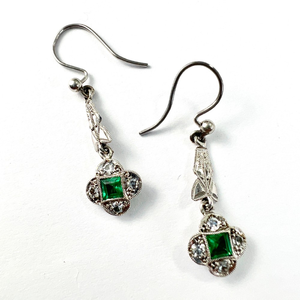 RESERVED • Art Deco 9CT White Gold Emerald Paste Earrings View VI