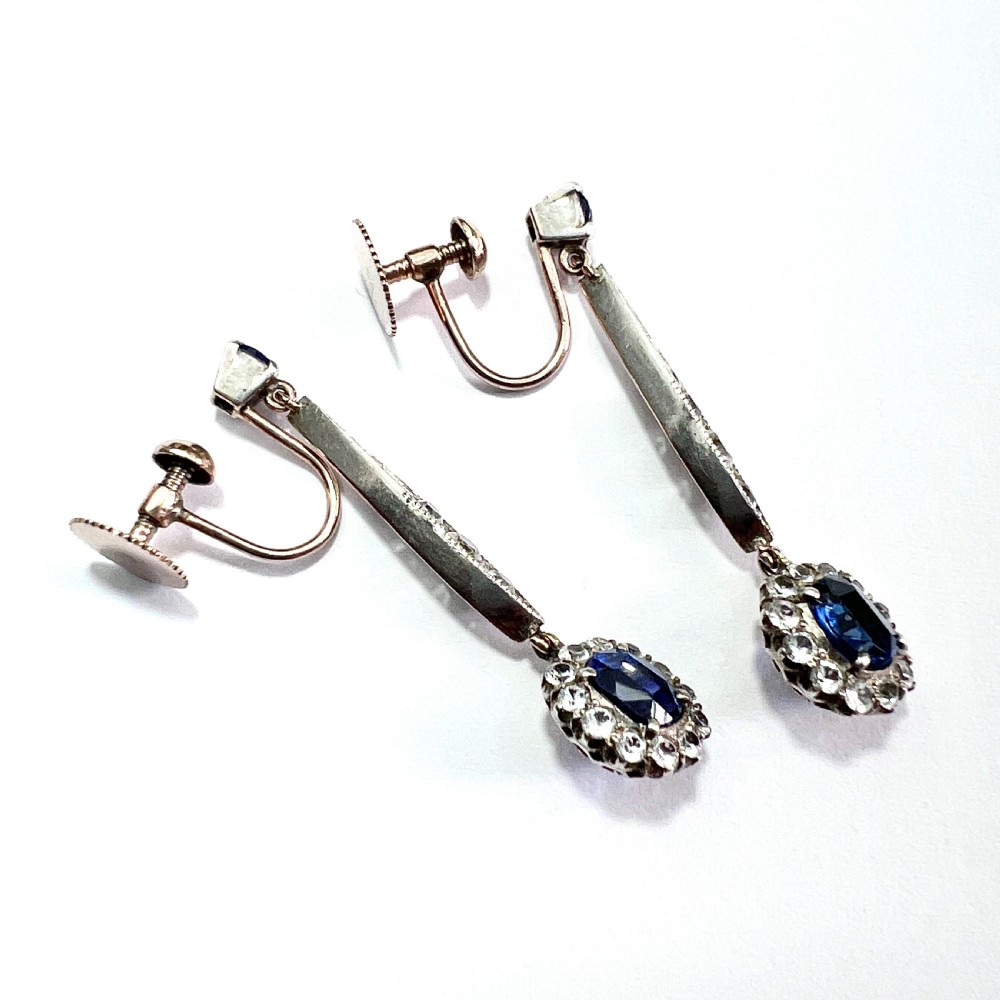 Edwardian Sapphire Cluster Silver and Gold Screwback Earrings View IV