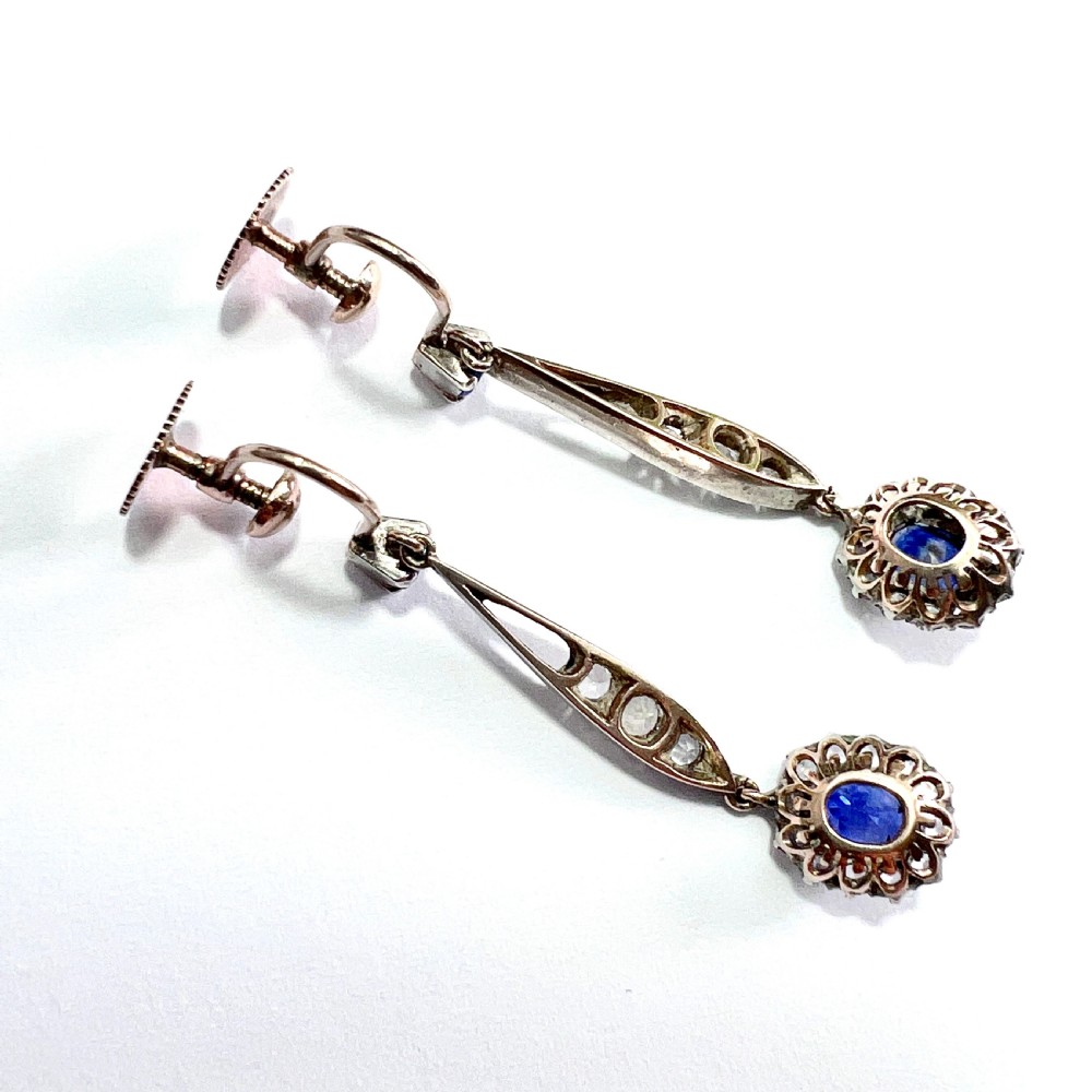 Edwardian Sapphire Cluster Silver and Gold Screwback Earrings View V