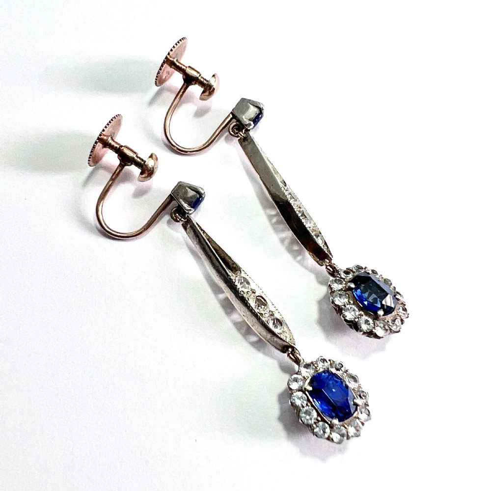 Edwardian Sapphire Cluster Silver and Gold Screwback Earrings View VI