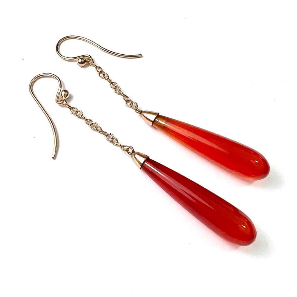 Edwardian Carnelian Chain Drop Earrings in 9CT Gold View II